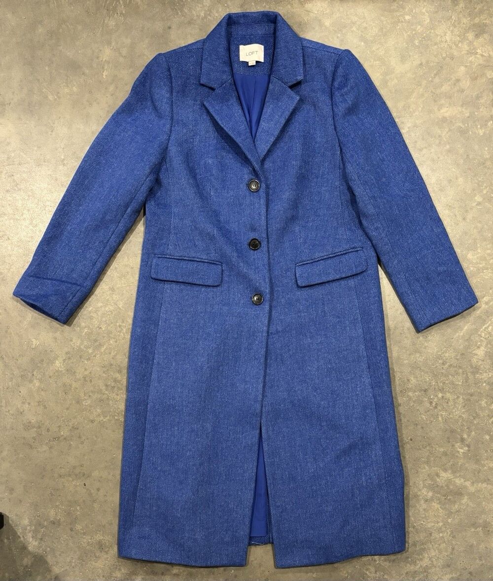 LOFT Blue Herringbone Wool Blend Long Coat Women’s Medium Button Lined Pockets